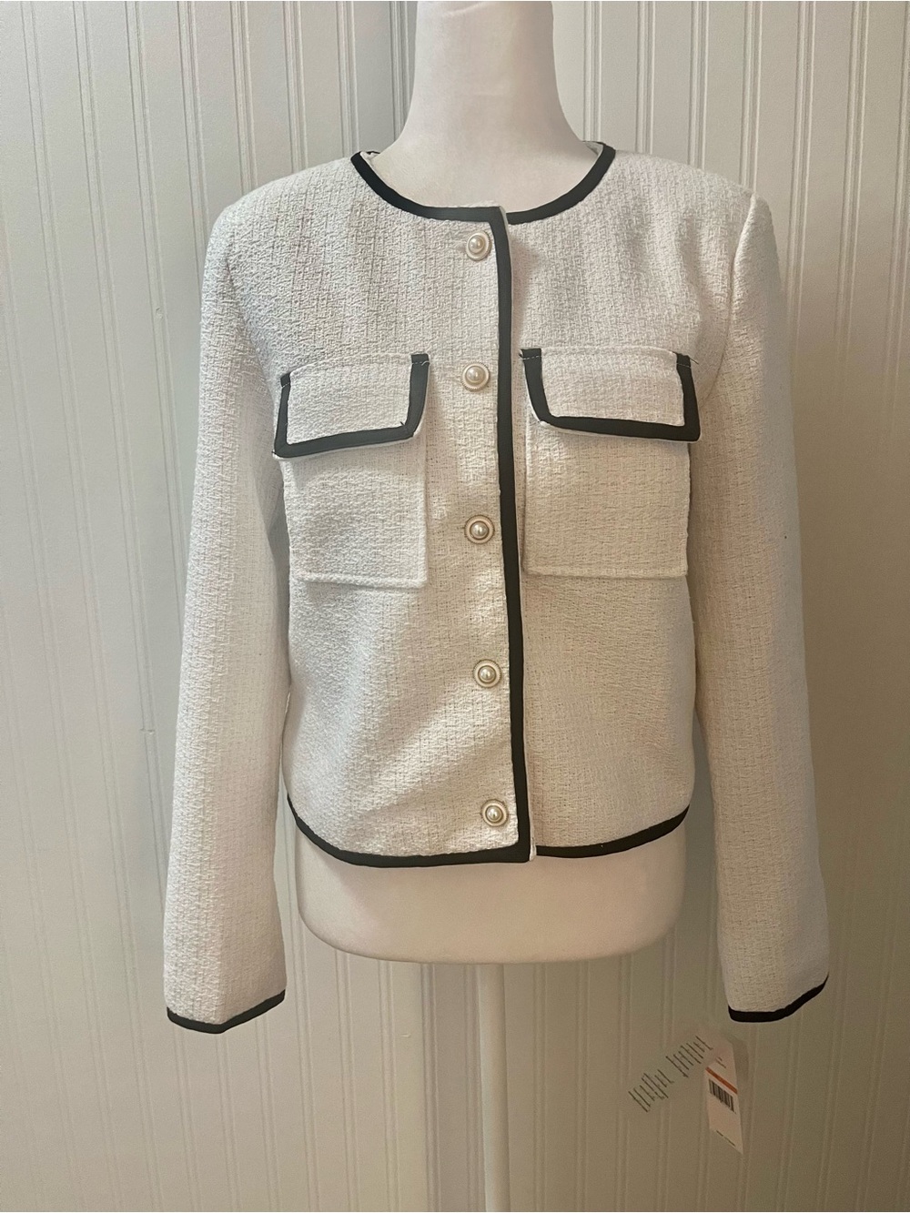 Nanette Lepore White Tweed Jacket with Black Trim